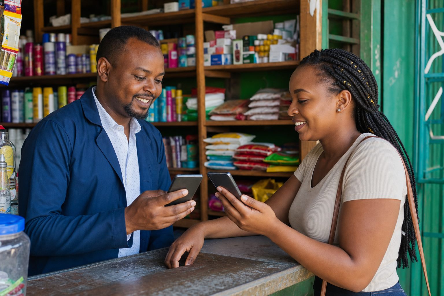 Kenyan business owner confirming a mobile payment